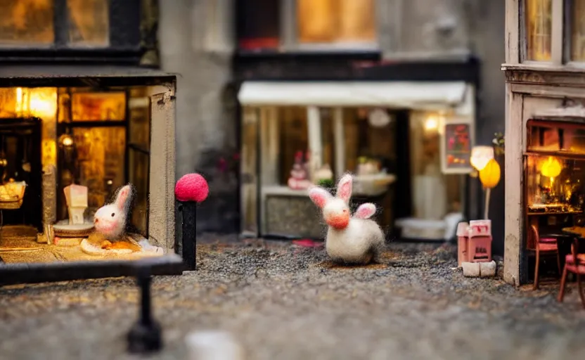 Prompt: miniature cafe diorama macro photography, cafe with felted bunnies, alleyway, ambient, atmospheric, british, cozy, bokeh, romantic