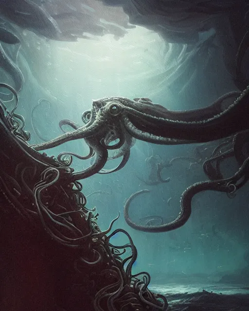 Prompt: A matted painting of a sea monster with many tentacles, on an underwater environment with expansive views of space, dark and moody, inspired by greg rutkowski and Keith Mallett, digital art, extremely moody lighting, glowing light and shadow, atmospheric, shadowy, cinematic