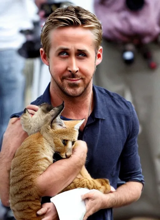 Image similar to Ryan Gosling holds a caracal cat in his hands