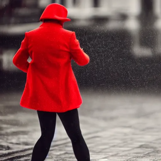 Prompt: girl with red coat walking in rainy street, colour splash, photo