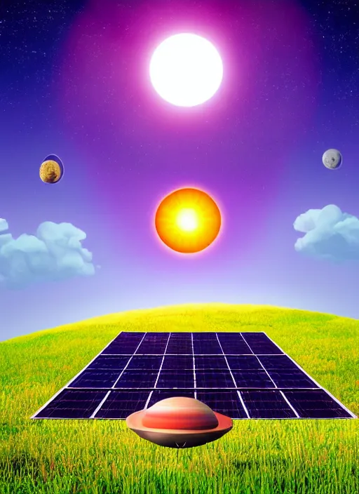 Prompt: syzygy of sun aligned with earth and moon above purple sheep grazing below solar panels on pink grass on a giant flying saucer. disney remake of supervips by bruno bozzetto.