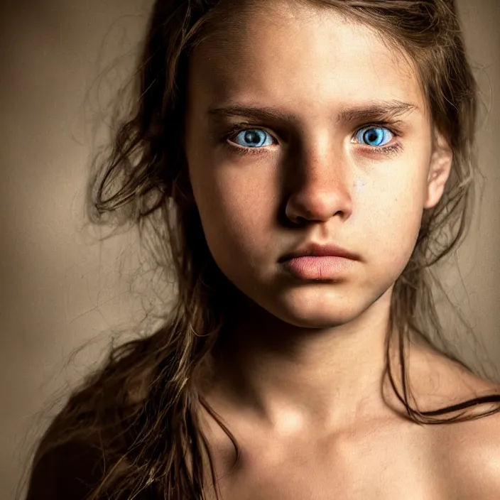 Image similar to dramatic photographic Close-up face of a extremely beautiful girl with clear eyes and light brown hair , high light on the left, non-illuminated backdrop, illuminated by a dramatic light, Low key lighting, light dark, High constrast, dramatic , Steve Mccurry, Lee Jeffries , Norman Rockwell, Craig Mulins ,dark background, high quality, photo-realistic, 8K,