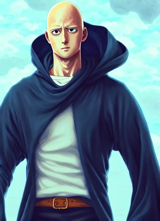 Prompt: handsome saitama, half body shot, path traced, epic cape, highly detailed, high quality, digital painting, alena aenami, lilia alvarado, shinji aramaki, karol bak, alphonse mucha, tom bagshaw