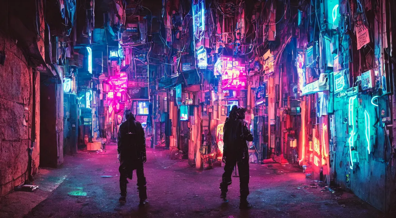 Image similar to a photo of a cyberpunk man walking in a medival village, the photo was taken from the ground looking up at the man's back, the man has glowing neon pink and blue lights on his back, ultra high detail.