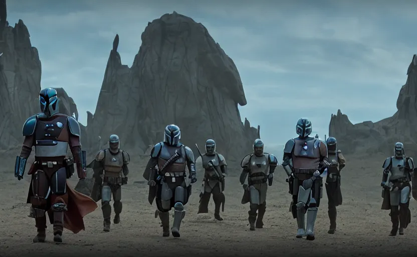 Prompt: still image screenshot new episode of the mandalorian disney + hundreds of mandalorian soldiers in front of a strange building, moody lush planet, anamorphic lens