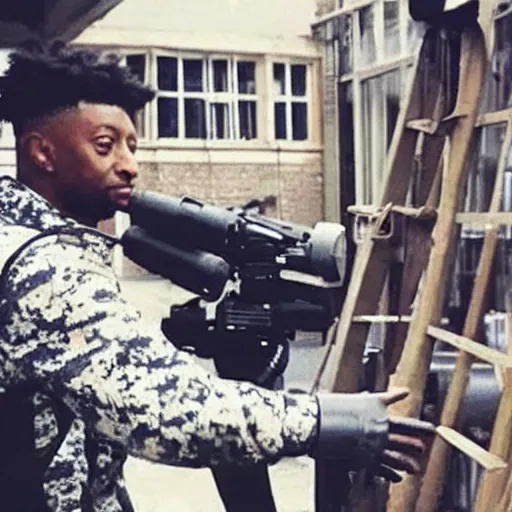 Prompt: “ hidden cctv footage of 2 1 savage committing war crimes, caught in 4 k, uhd, never before seen ”