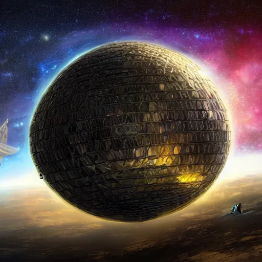 Prompt: a futurstic dyson sphere in dark space. dark color, ultra wide angle, panoramic, fish eye, colorfull painting, centered, front, horizon, outline, detailed, art by stephan martiniere, 4 k resolution
