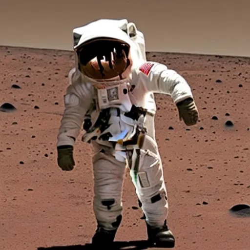 Image similar to cat wearing a spacesuit while walking on mars