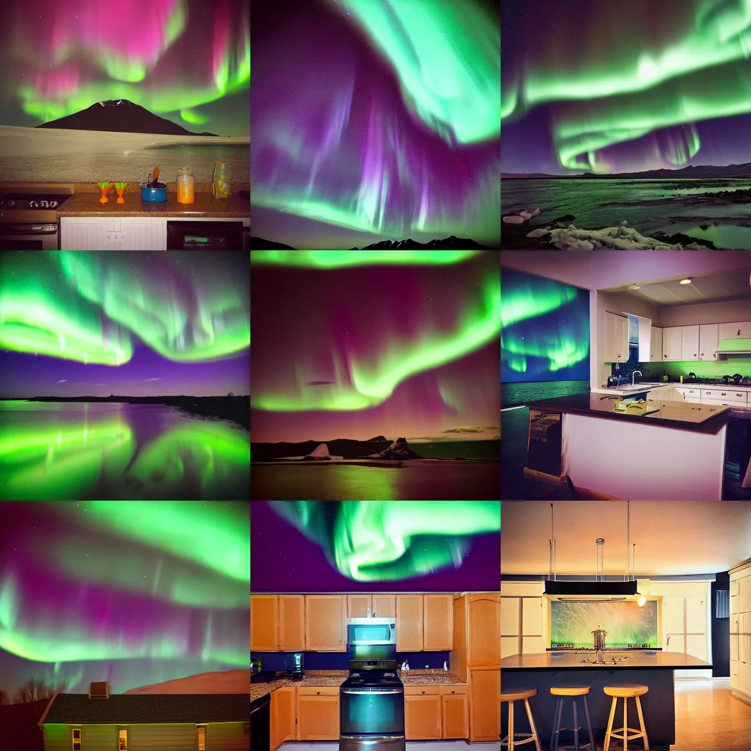 Prompt: “Award winning photo of Aurora Borealis localized entirely within a kitchen.”