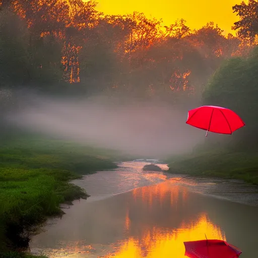 Prompt: in background arched bridge over river in distance, small red umbrella floats upside down in water in foreground, golden hour, moody, misty national geographic photo