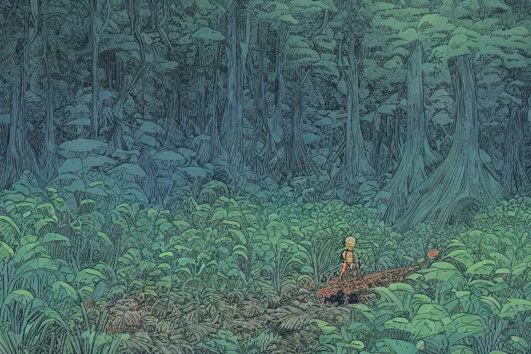 Prompt: a young boy entering a huge mysterious and fantasy forest with a cthuluh monster in a distant clearing, large openpath, mushrooms, lush exotic vegetation, very graphic illustration by jean giraud and victo ngai, ultradetailed, clean line, color comics style, dynamic lighting, night