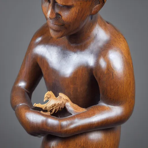 Image similar to wooden sculpture of a mixed race man holding a rooster, polished maple, thoughtful, elegant, real