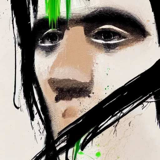 Image similar to closeup, very few thick long paint brush strokes, abstract depiction of the physique of one!!! very thin black suit man with green long straight hair posing dramatically, closeup, matte colors, conrad roset, dark abstract background, abstract painting trending on artstation