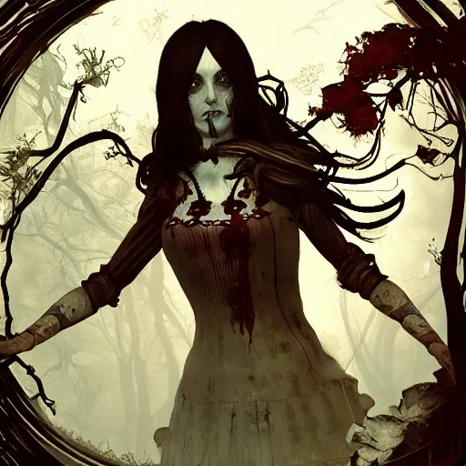 Prompt: realistic artnouveau style american mcgee's alice madness returns layers of fear style in a foggy twisted forestsharp focus very detailed 8 k cinematic