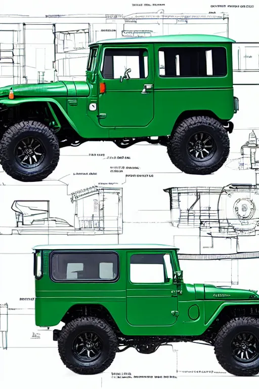 Image similar to detailed specific architect blueprint of a green toyota fj 4 3