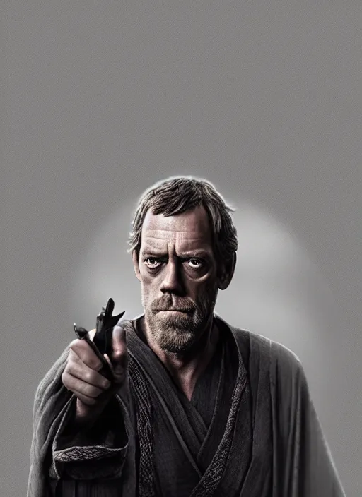 Image similar to hugh laurie as obi vam kenobi, long sleeve, confident, fog, rain, volumetric lighting, sharp focus, ultra detailed, cgsociety by leesha hannigan, ross tran, thierry doizon, kai carpenter, ignacio fernandez rios, noir art house,