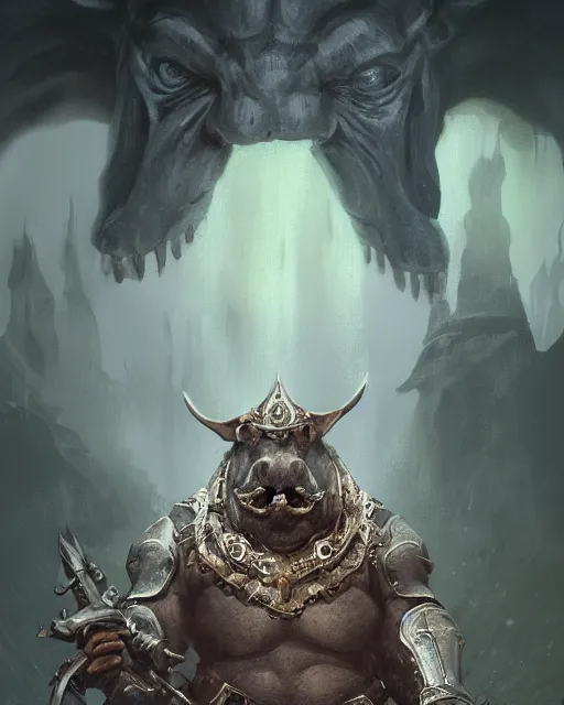 Image similar to Hippo, Anthropomorphized, portrait, as evil warlord general on skull throne, magic the gathering artwork, D&D, fantasy, cinematic lighting, centered, symmetrical, highly detailed, digital painting, artstation, concept art, smooth, sharp focus, illustration, volumetric lighting, epic Composition, 8k, art by Akihiko Yoshida and Greg Rutkowski and Craig Mullins, heroic pose, oil painting, cgsociety, Battlefield background, explosions, arrows