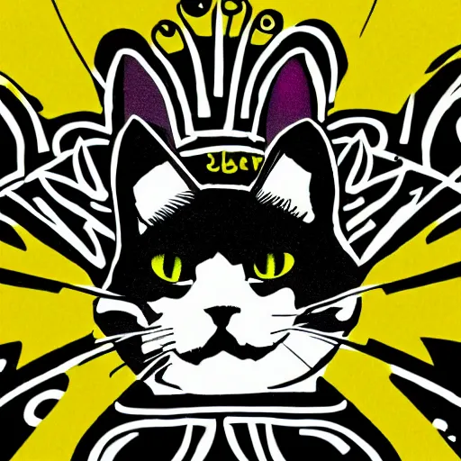 Image similar to logo with white cat portrait, glowing lines, glowing runes