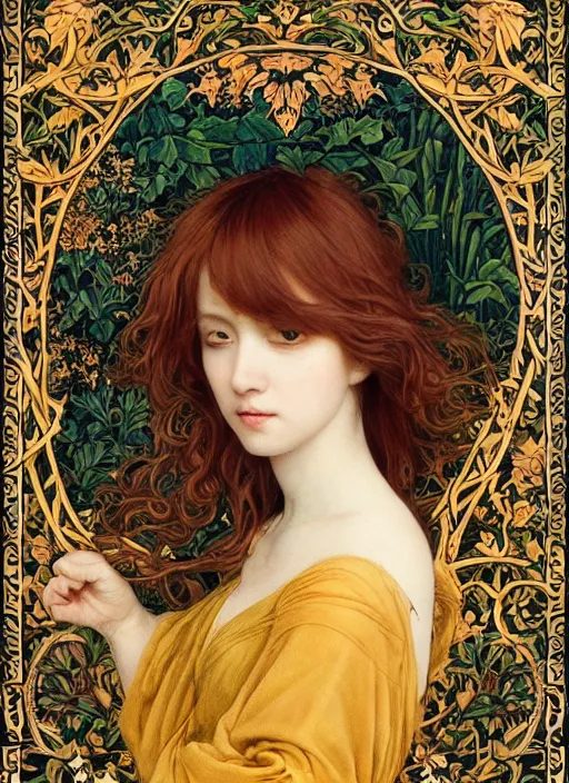 Image similar to masterpiece beautiful seductive flowing curves preraphaelite face portrait photography, extreme close up shot, straight bangs, thick set features, yellow ochre ornate medieval dress, miho hirano, amongst foliage mushroom forest circle arch, william morris and kilian eng and mucha, framed, 4 k