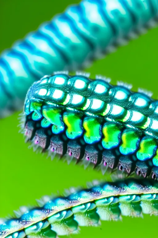 Image similar to high quality macro photo iridescent translucent caterpillar! cute highly detailed david ligare elson peter cinematic teal lighting high quality low angle hd 8k sharp shallow depth of field