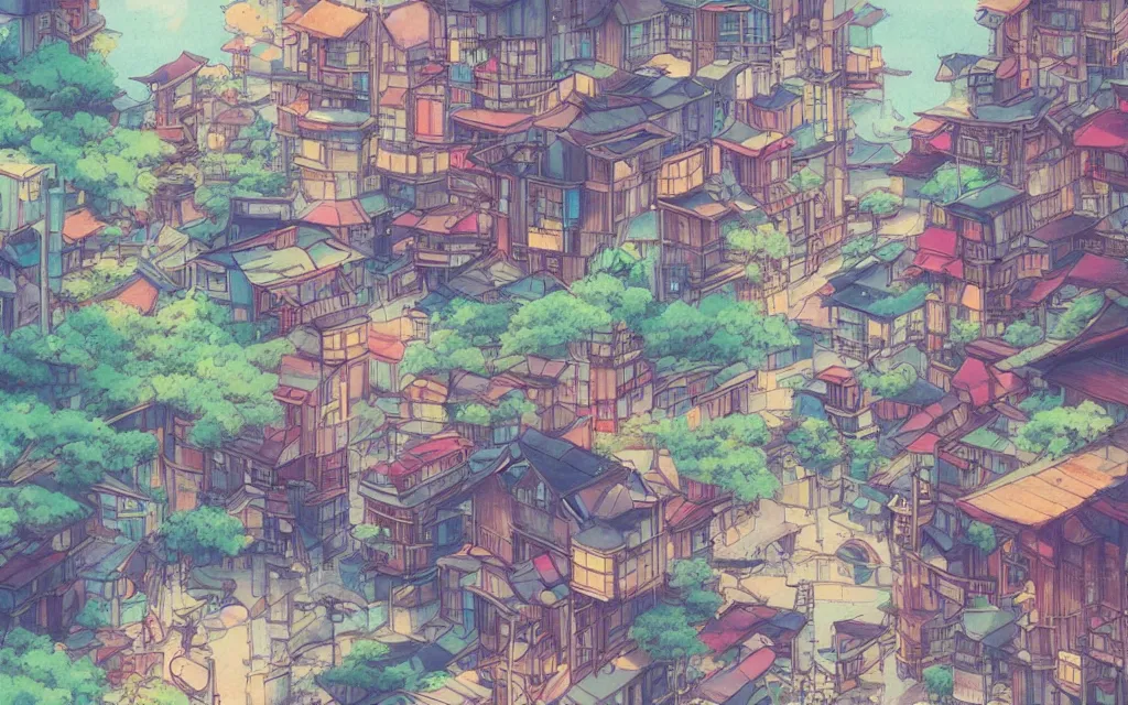 Image similar to a japanese city near the sea, lofi, dreamy, moody, very colorful, anime inspiration, ghibli vibe