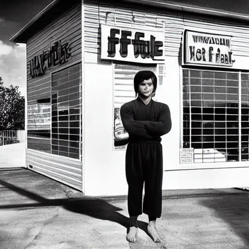 Image similar to 8 k portrait photograph of bruce lee standing in front of a wafflehouse