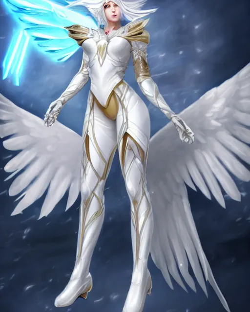 Image similar to perfect white haired attractive egyptian goddess with huge white dove wings, warframe armor, beautiful, symmetric, dreamy, half asian, pretty face, blue eyes, detailed, scifi platform, laboratory, experiment, 4 k, ultra realistic, epic lighting, android body, illuminated, cinematic, masterpiece, art by akihito tsukushi, voidstar