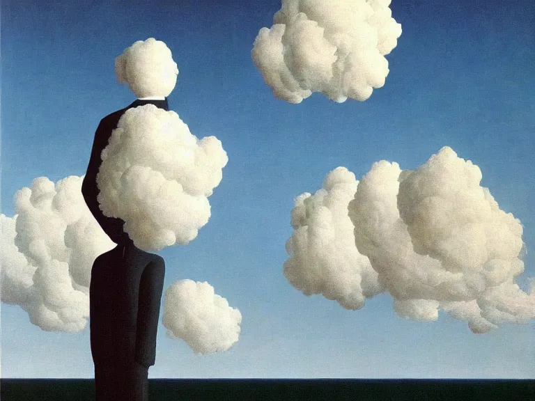 Image similar to man made out of clouds, painting by rene magritte, high detail, high resolution