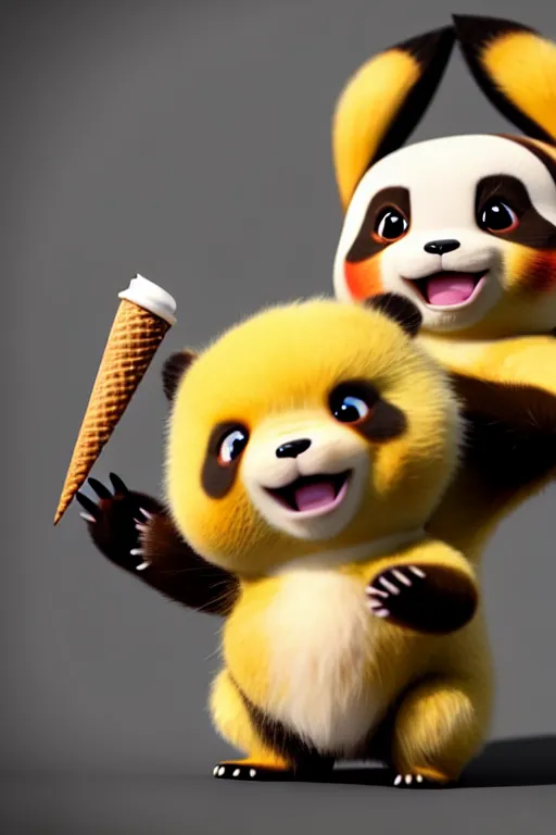 Prompt: high quality 3 d render hyperrealist very cute creepy happy panda & dragon hybrid eating ice cream, vray smooth, in the style of detective pikachu, very dramatic light, low angle, uhd 8 k, shallow depth or field