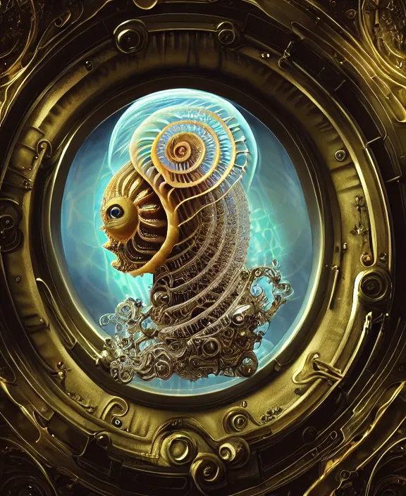 Prompt: intricate ornate opulent transparent clear see - through portrait of a cybernetic beautiful alien nautilus, mottled coloring, adorable, childlike, pastoral environment, ultra realistic, concept art, art nouveau, photorealistic, octane render, 8 k, unreal engine. art by christopher marley and artgerm and greg rutkowski and alphonse mucha