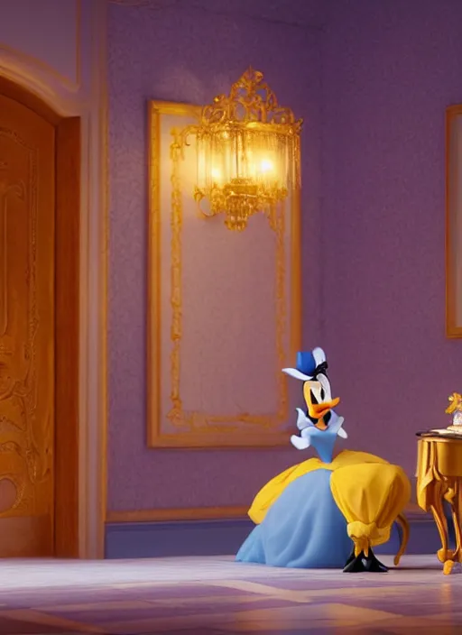 Image similar to cinderella and donald duck on a date the ritz, octane render, elegant, cinematic, elegant, intricate, 8 k