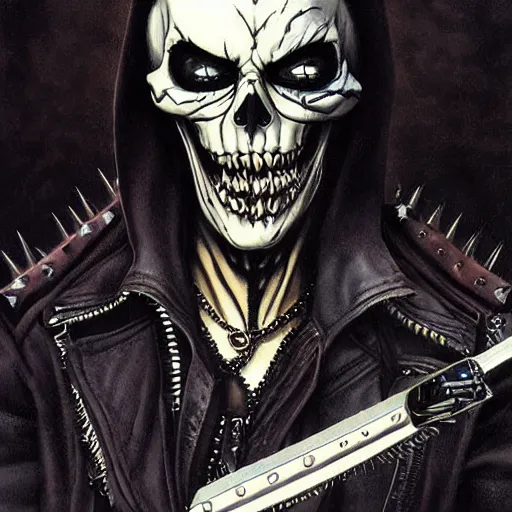 Image similar to a portrait of the grim reaper as a punk rocker, punk, skeleton face, mohawk, dark, fantasy, leather jackets, spiked collars, spiked wristbands, piercings, boots, electric guitars, motorcycles, ultrafine detailed painting by frank frazetta and vito acconci and michael whelan and takeshi obata, death note style, detailed painting