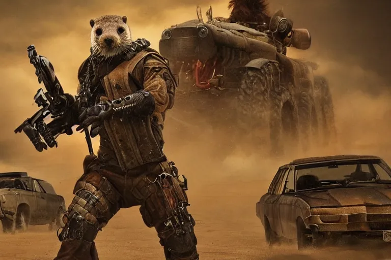 Image similar to a good ol'otter fursona ( from the furry fandom ), heavily armed and armored facing down armageddon in a dark and gritty version from the makers of mad max : fury road. witness me.