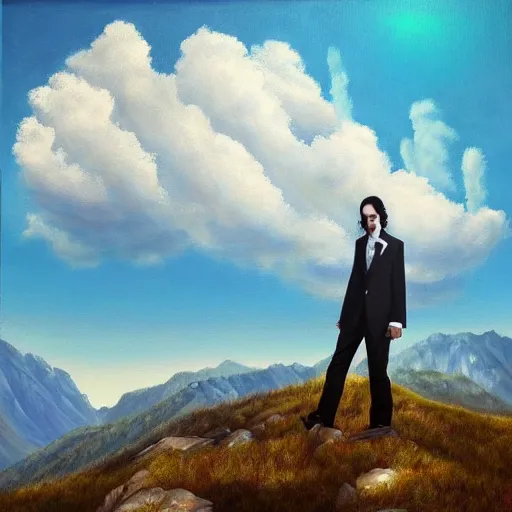 Image similar to a hyper realistic painting of nick cave floating in the sky above mountains