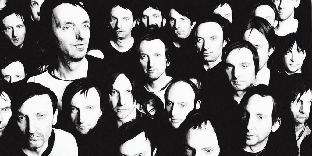 Prompt: Colin Greenwood, a black and white photo of a group Radiohead, an album cover by David Gilmour Blythe, pinterest, bauhaus, tesseract, composition, national geographic photo, flemish baroque