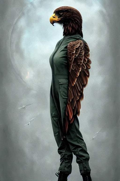 Image similar to epic professional digital art of female anthropomorphic eagle wearing air force jumpsuit, painting, by leesha hannigan, iris van herpen, artstation, cgsociety, wlop, epic, much wow, much detail, gorgeous, detailed, cinematic, masterpiece