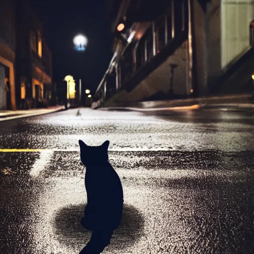 Image similar to Cat sitting on wet street corner with glowing exclamation mark over its head