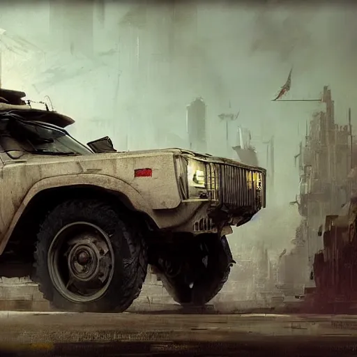 Image similar to a highly detailed epic cinematic concept art CG render digital painting artwork: dieselpunk patrol car. By Greg Rutkowski, Ilya Kuvshinov, WLOP, Stanley Artgerm Lau, Ruan Jia and Fenghua Zhong, trending on ArtStation, subtle muted cinematic colors, made in Maya, Blender and Photoshop, octane render, excellent composition, cinematic atmosphere, dynamic dramatic cinematic lighting, precise correct anatomy, aesthetic, very inspirational, arthouse