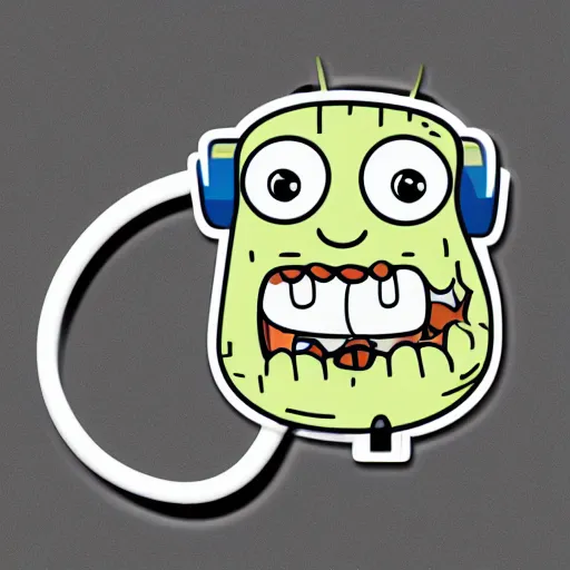 Image similar to a pickle-rick, svg sticker, vector art, wearing headphones, jamming to music