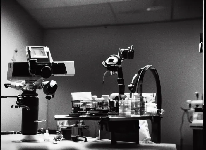 Prompt: an underexposed Fujifilm 500 photograph of a chimera in a surgical laboratory