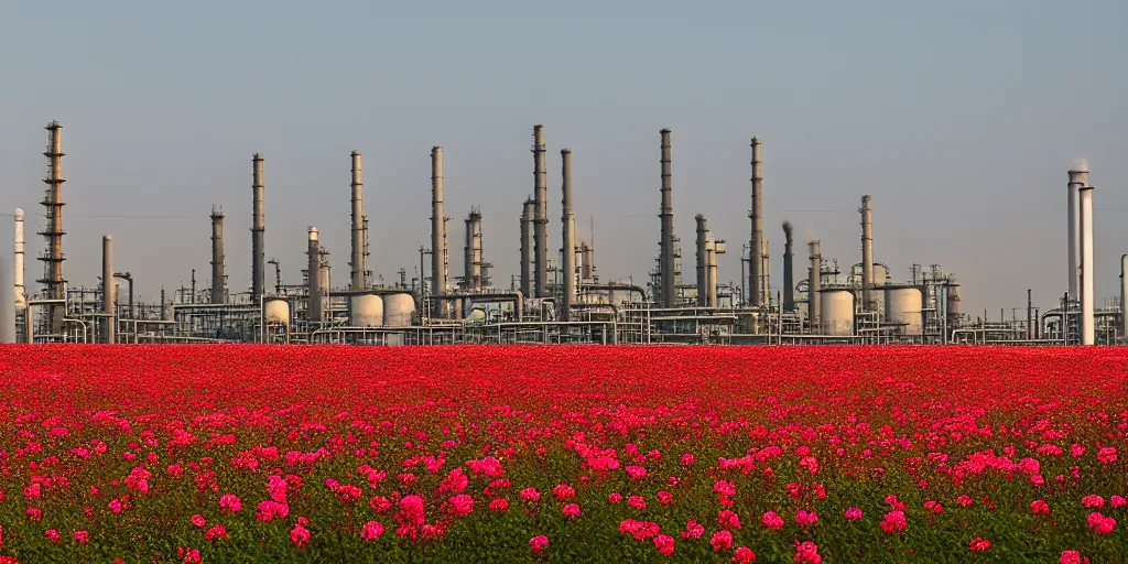 Prompt: a beautiful big field of rosses with in the background industry buildings with dirty smoke oil refinery, f / 2. 8, global illumination, by zeng fanzhi