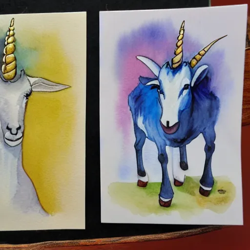 Prompt: watercolour painting of a unicorn and a goat