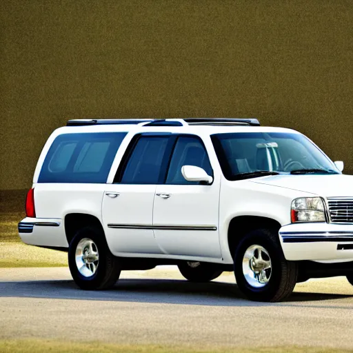 Prompt: 2001 Chevy suburban, car photography, white car