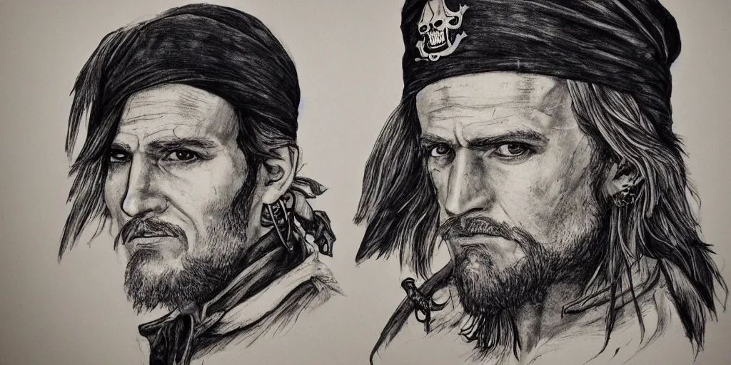 Image similar to realistic portrait of a handsome pirate captain with black hair, 1450, ink, ultra realistic, 8k