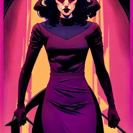 Image similar to rafael albuquerque comic cover art, artgerm, joshua middleton, pretty stella maeve witch doing black magic, serious look, purple dress, symmetrical eyes, symmetrical face, long black hair, twisted evil dark forest in the background, cool colors