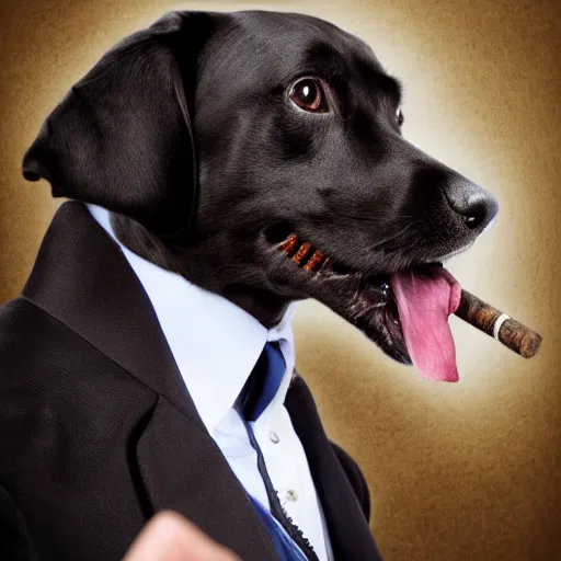 Image similar to a high detail closeup photograph of a dog wearing a suit 👔,and smoking a cigarrette🚬, award wining photograph, digital art