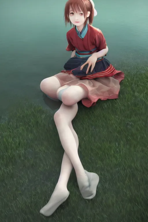 Prompt: art by D. Jun, by Mo Xiang Tong Xiu, 3d portrait a stern schoolgirl in Japanese maid's clothes and long stockings sits on a wet grass on Japanese underwater street , anime vintage colors, polaroid, foggy, volumetric light, cinematic render, rending on artstation, oil painting