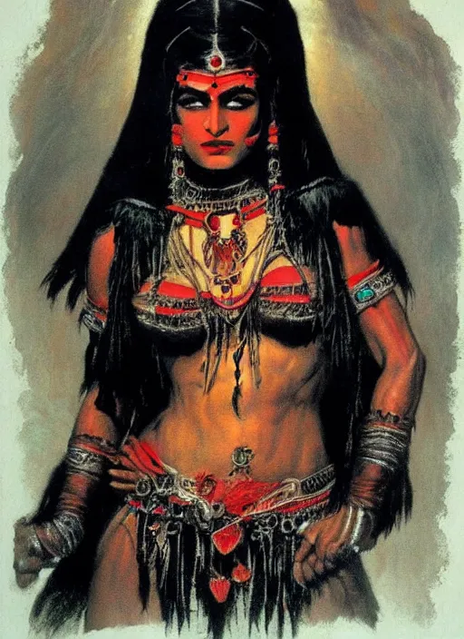 Image similar to portrait of muscular indian vampiress, jeweled veil, strong line, saturated color, beautiful! coherent! by frank frazetta, high contrast, minimalism