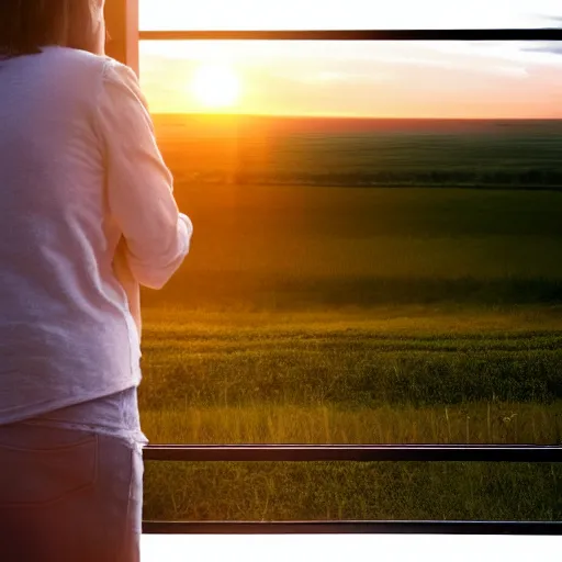 Prompt: a person looking out of her small front porch seeing a large field in the countryside, photorealistic, cozy, sunrise