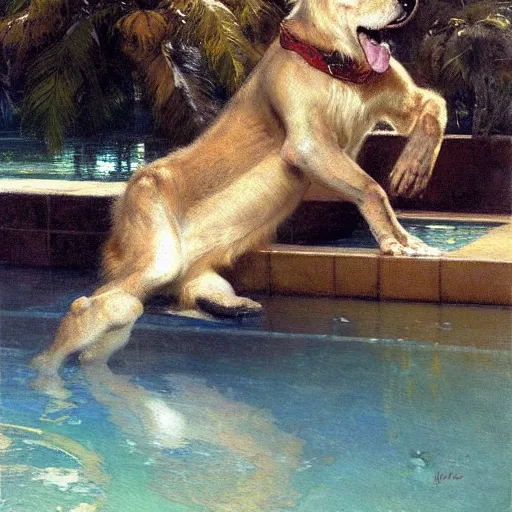 Image similar to a portrait of an animal in the pool, furry body, furry arms, furry legs, furry tail. highly detailed painting by gaston bussiere, craig mullins, j. c. leyendecker, furry